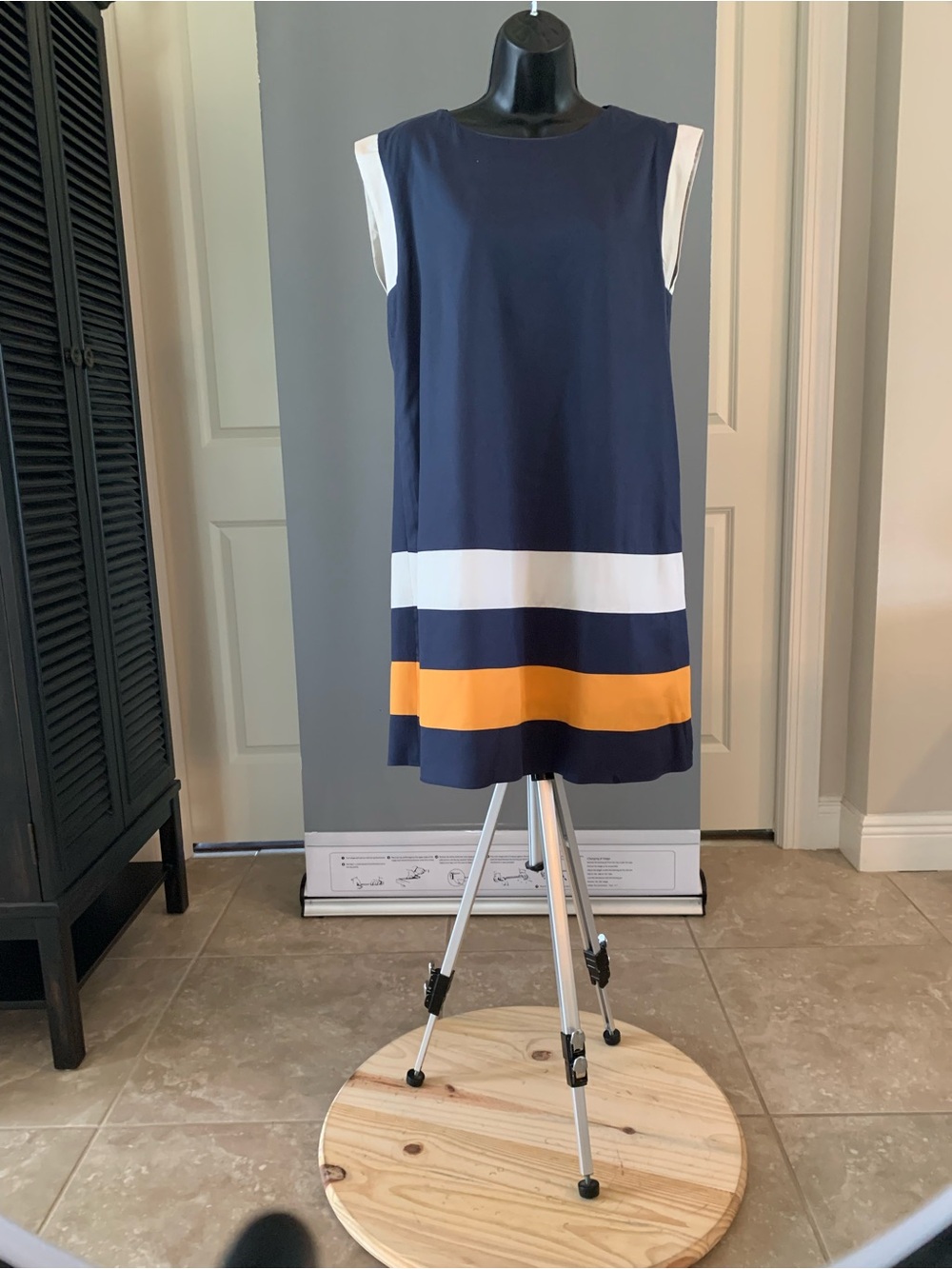 Navy Shift Dress with White and Mustard Colorblock Bands